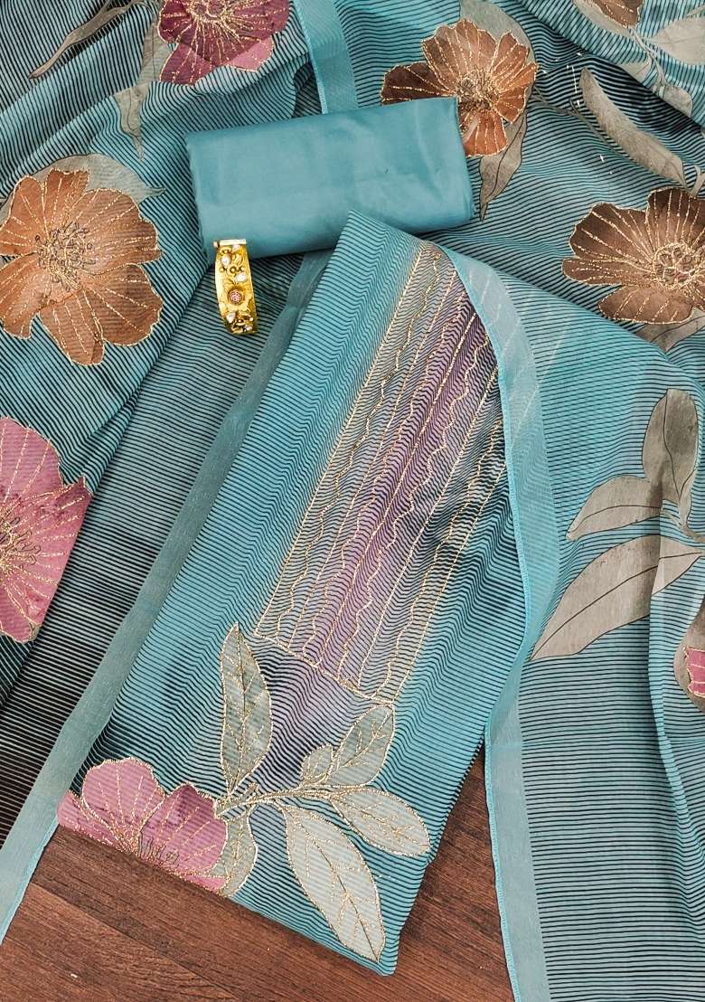 Teal Embroidered Oragnza Dress Material - Indya