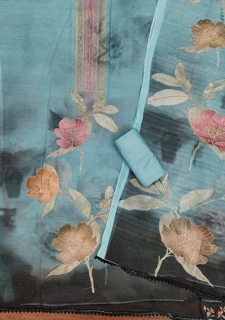 Teal Embroidered Oragnza Dress Material - Indya