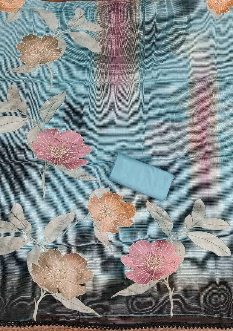 Teal Embroidered Oragnza Dress Material - Indya