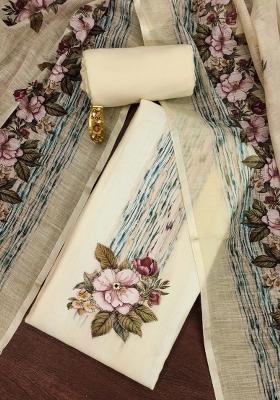 Off White Embroidered Cotton Blend Dress Material