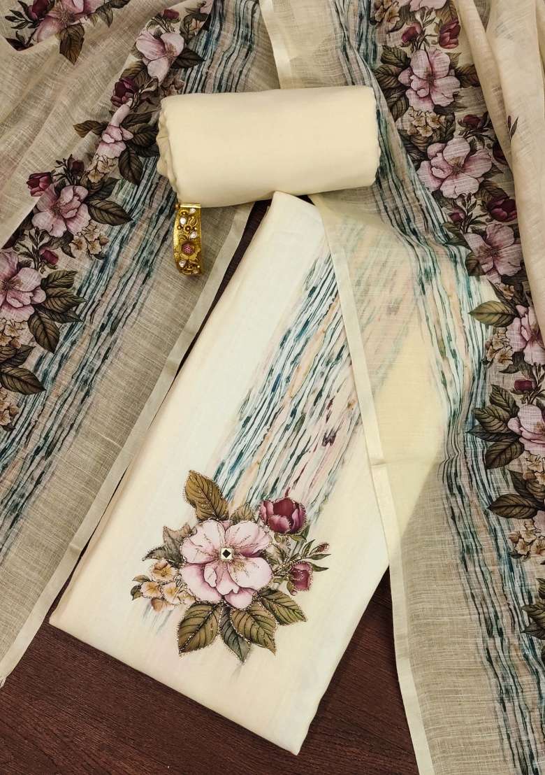 Off White Embroidered Cotton Blend Dress Material - Indya