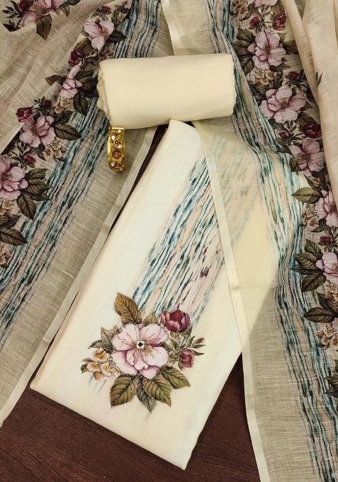 Off White Embroidered Cotton Blend Dress Material