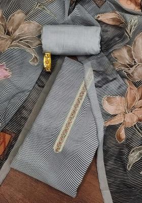 Grey Embroidered Oragnza Dress Material