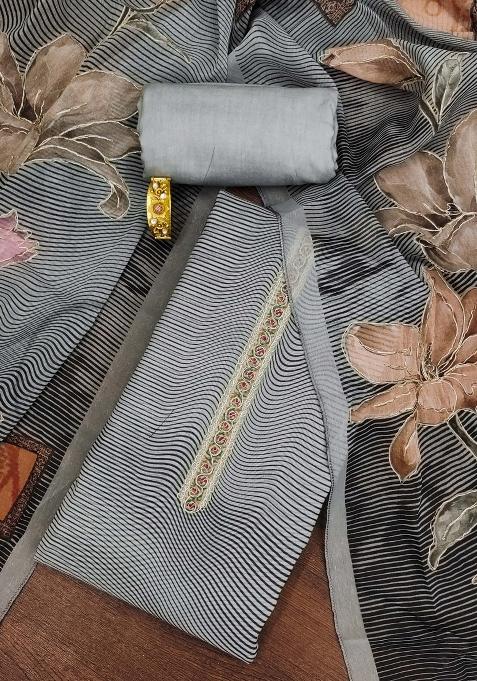 Grey Embroidered Oragnza Dress Material