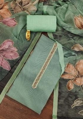 Green Embroidered Oragnza Dress Material