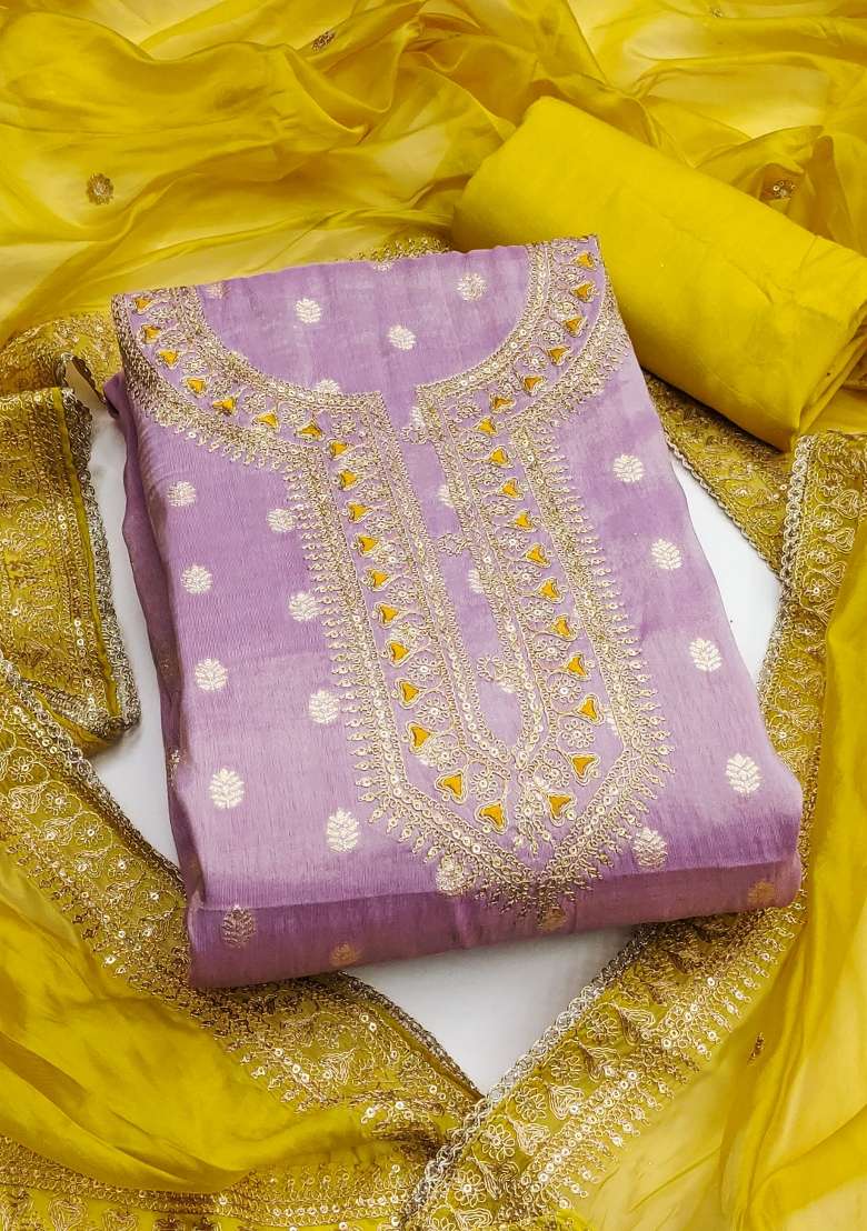 Lavender Embroidered Silk Dress Material - Indya
