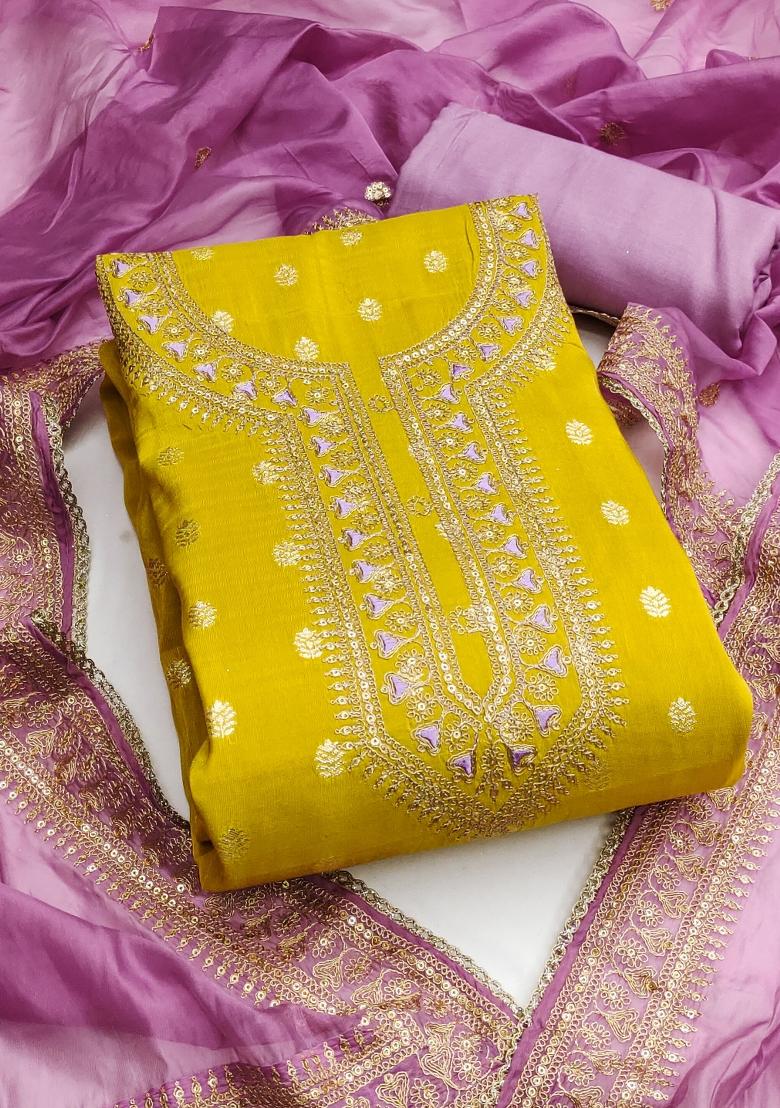 Yellow Embroidered Silk Dress Material