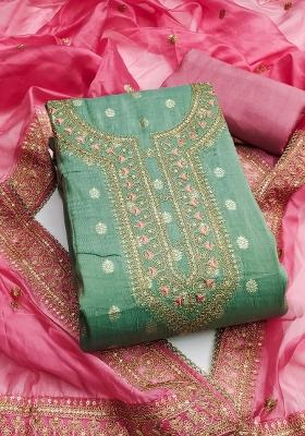 Green Embroidered Silk Dress Material