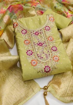 Lime Green Embroidered Cotton Blend Dress Material