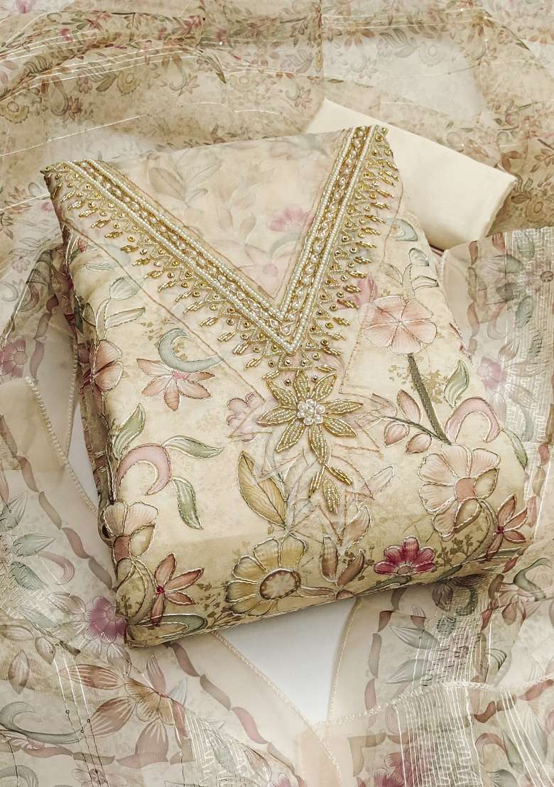 Off White Embroidered Oragnza Dress Material - Indya