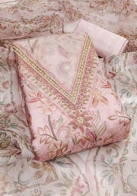 Baby Pink Embroidered Oragnza Dress Material