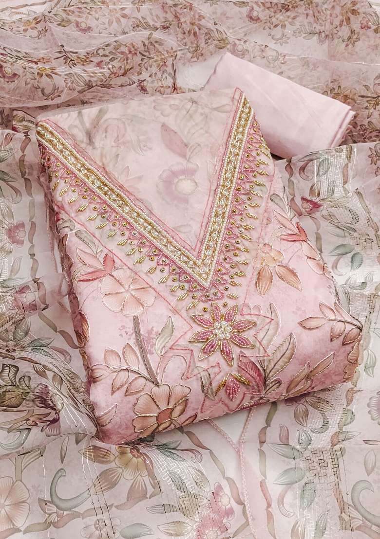 Baby Pink Embroidered Organza Straight Kurta Set - Indya