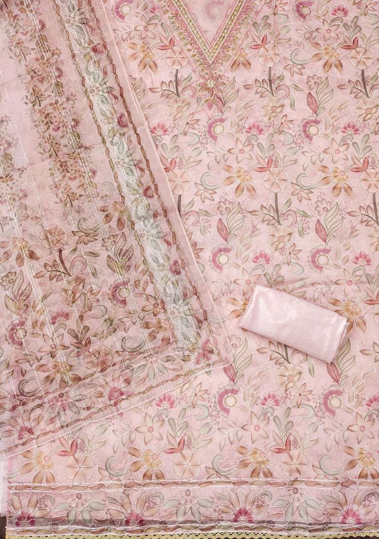 Baby Pink Embroidered Organza Straight Kurta Set - Indya