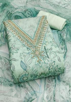 Sea Green Embroidered Oragnza Dress Material