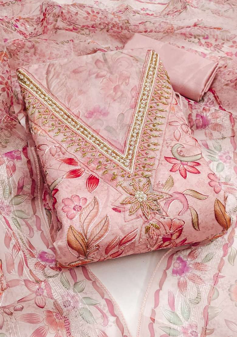 Pink Embroidered Organza Straight Kurta Set - Indya