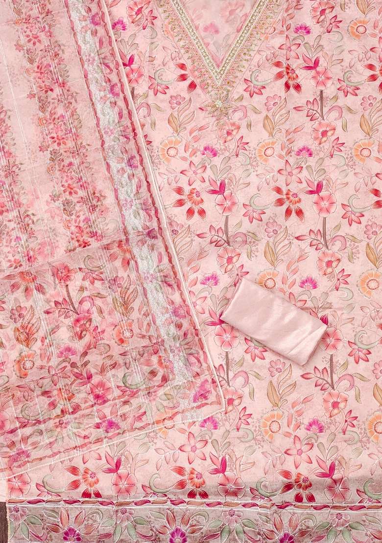Pink Embroidered Organza Straight Kurta Set - Indya