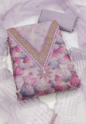 Lavender Embroidered Oragnza Dress Material