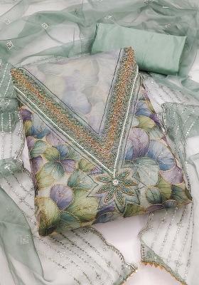 Sea Green Embroidered Oragnza Dress Material