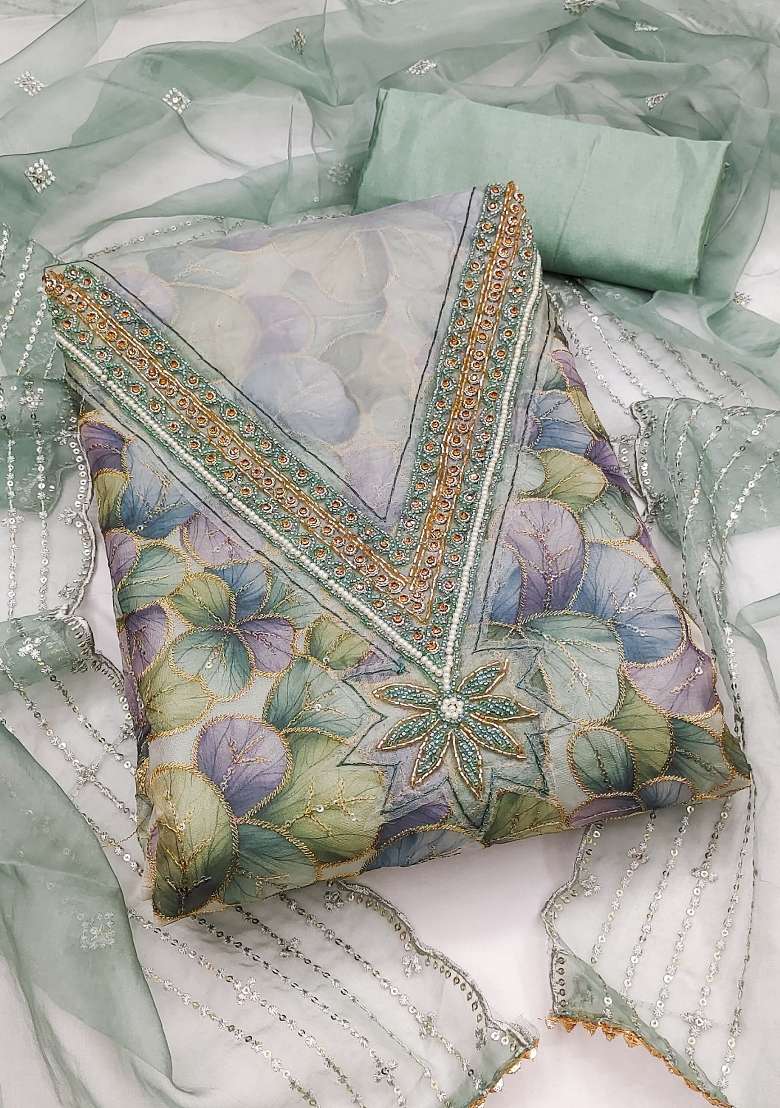 Sea Green Embroidered Organza Pakistani Suit Set - Indya