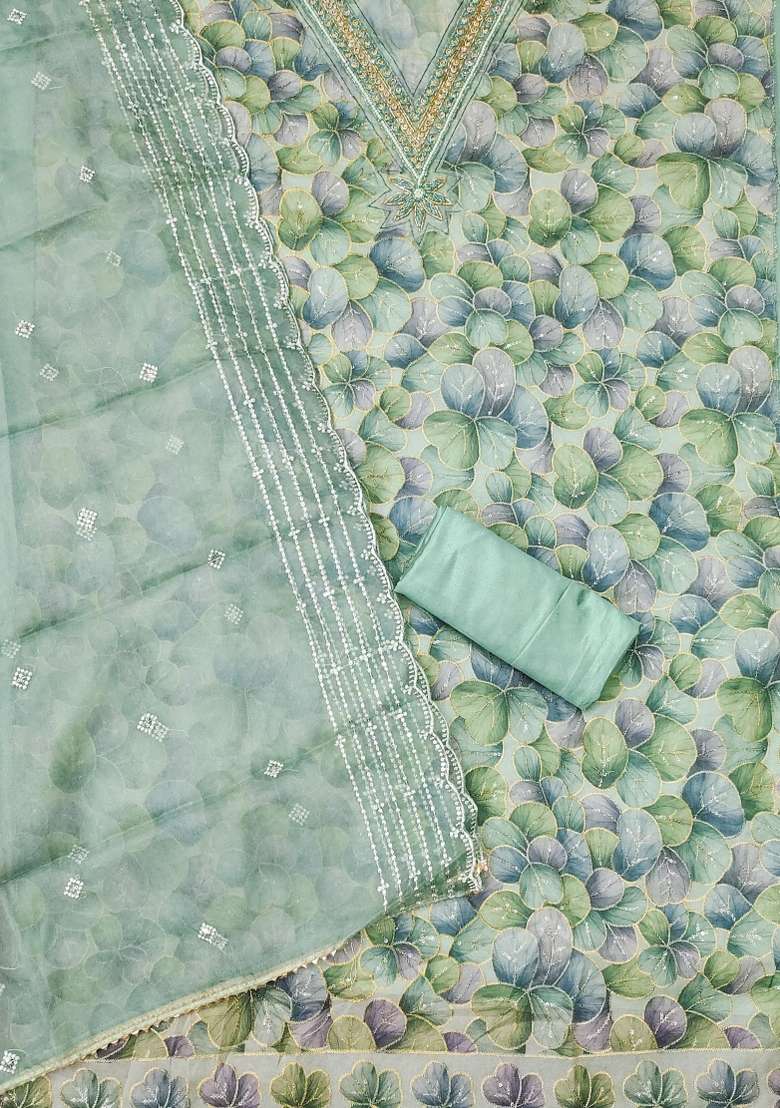 Sea Green Embroidered Organza Pakistani Suit Set - Indya