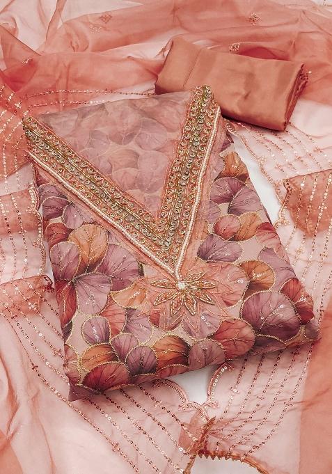 Peach Embroidered Oragnza Dress Material