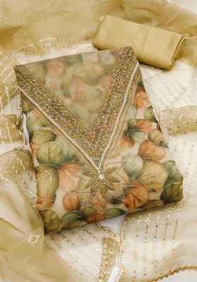 Lime Green Embroidered Oragnza Dress Material