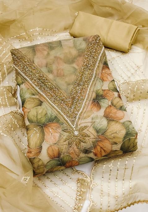 Lime Green Embroidered Oragnza Dress Material