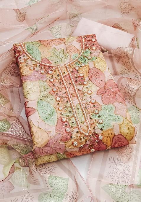 Peach Embroidered Oragnza Dress Material