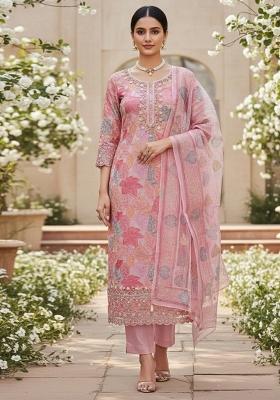 Pink Embroidered Oragnza Dress Material