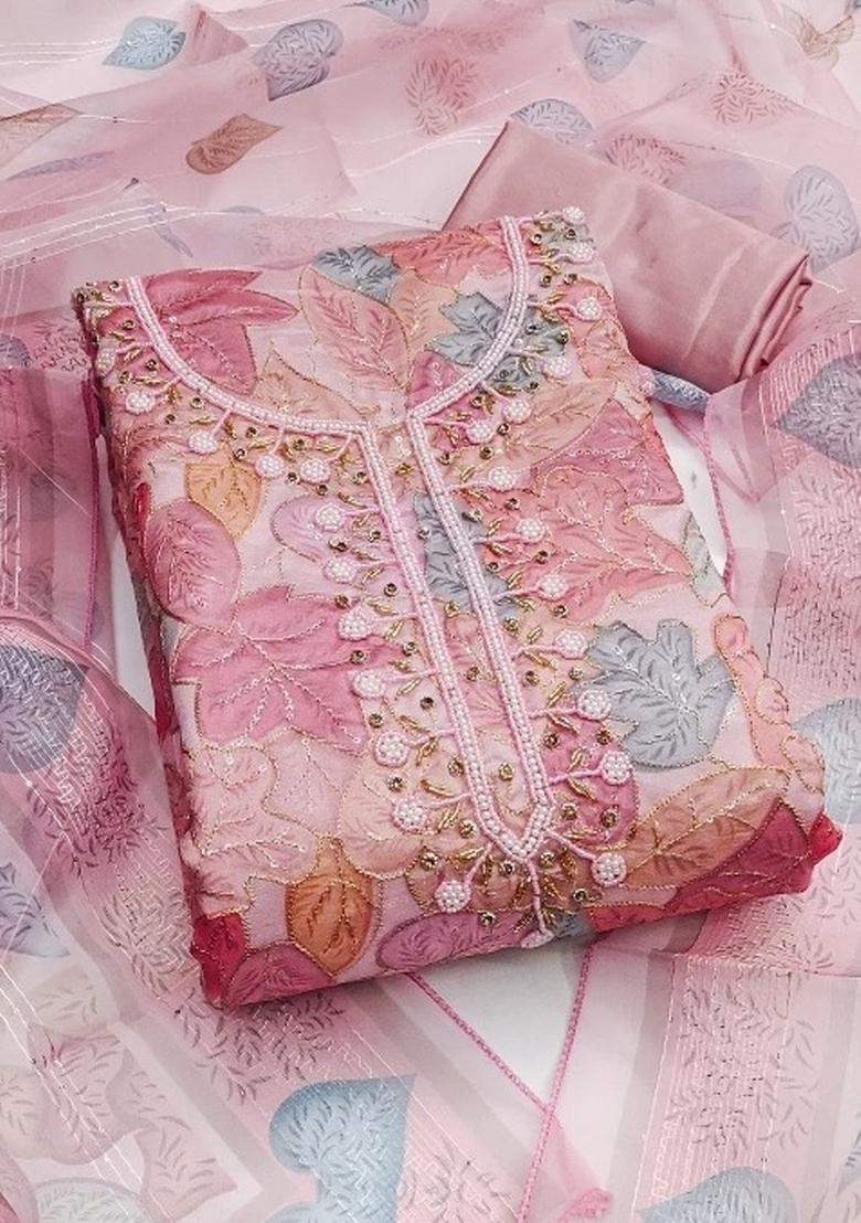 Pink Embroidered Oragnza Dress Material - Indya