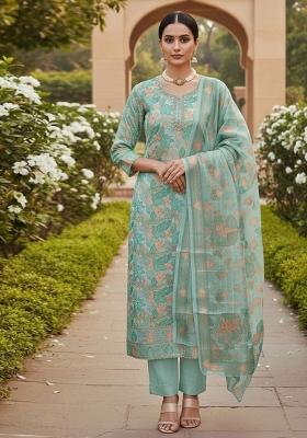 Teal Embroidered Oragnza Dress Material