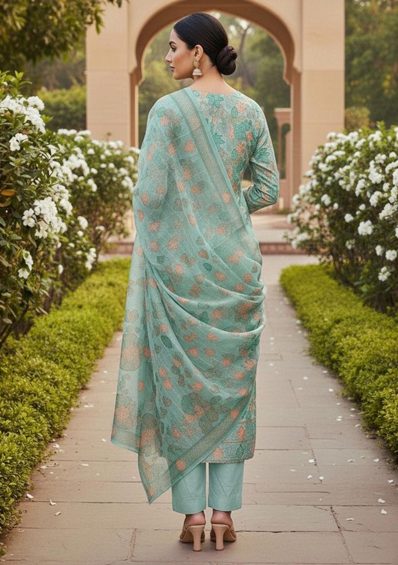 Teal Embroidered Oragnza Dress Material - Indya