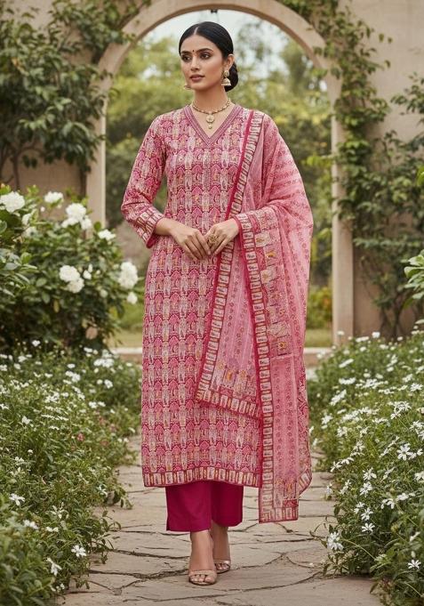 Red Embroidered Oragnza Dress Material