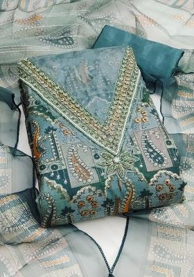 Teal Embroidered Oragnza Dress Material