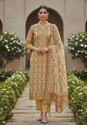 Mustard Embroidered Oragnza Dress Material