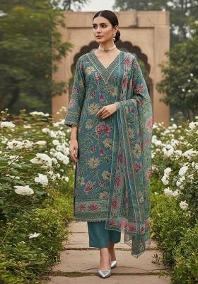 Sea Green Embroidered Oragnza Dress Material