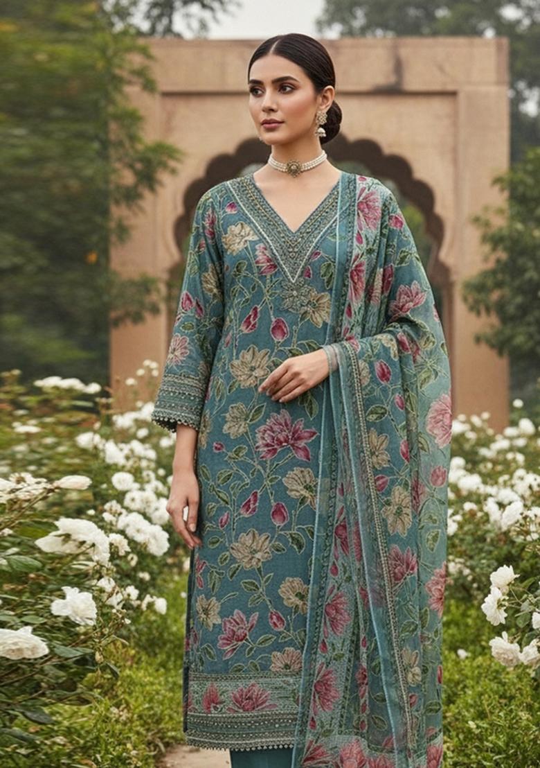 Sea Green Embroidered Oragnza Dress Material - Indya