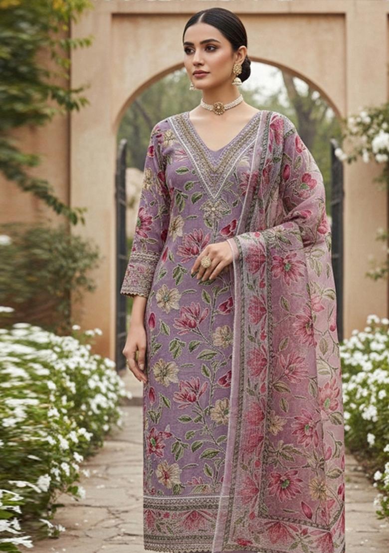 Purple Embroidered Oragnza Dress Material - Indya