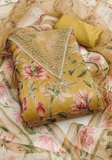 Yellow Embroidered Oragnza Dress Material