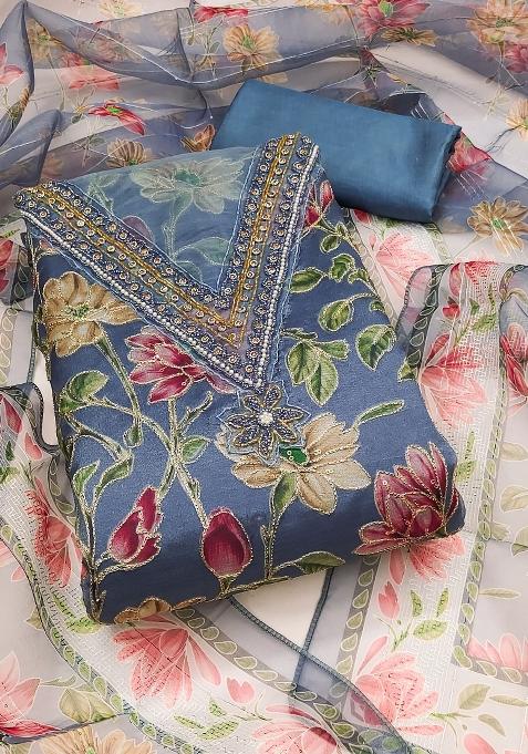 Teal Floral Print Organza Straight Kurta Set