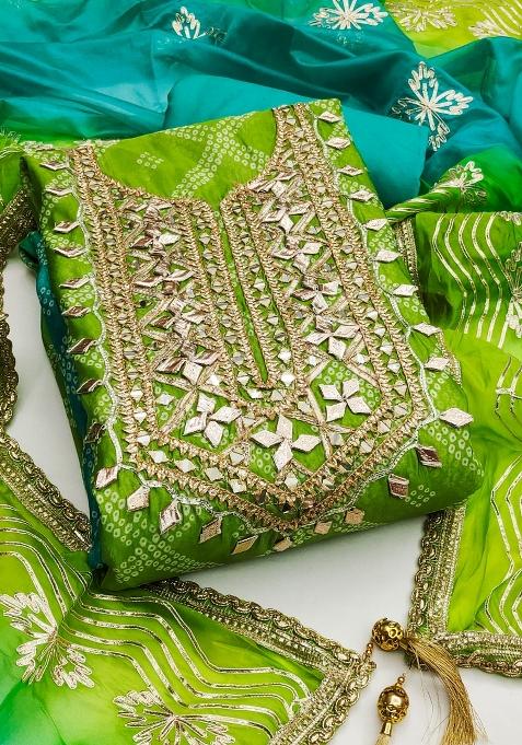 Green Mirror Work Organza Punjabi Suit — view on Indya
