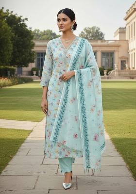 Sky Blue Embroidered Cotton Blend Dress Material