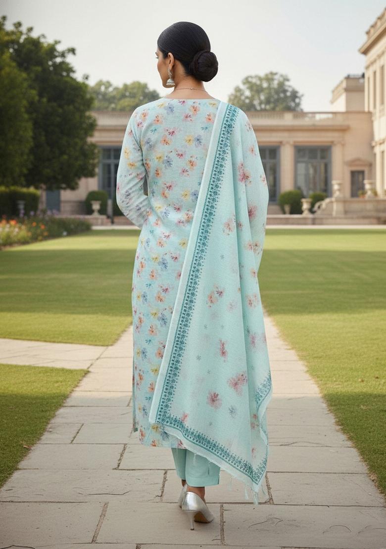 Sky Blue Embroidered Cotton Blend Dress Material - Indya