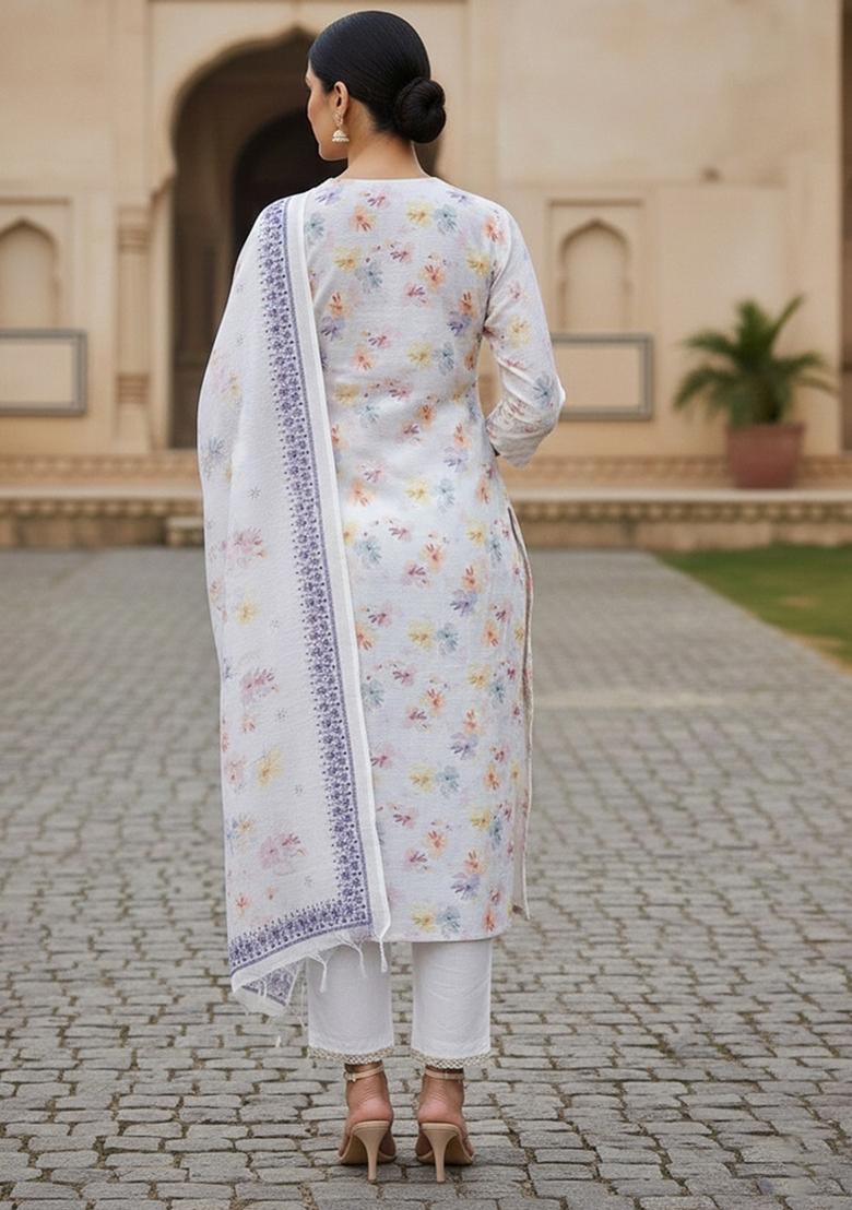 Lavender Embroidered Cotton Blend Dress Material - Indya
