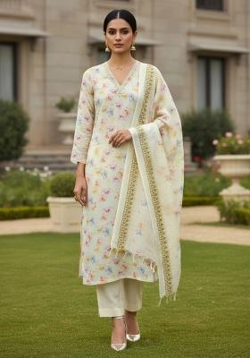 Cream Embroidered Cotton Blend Dress Material