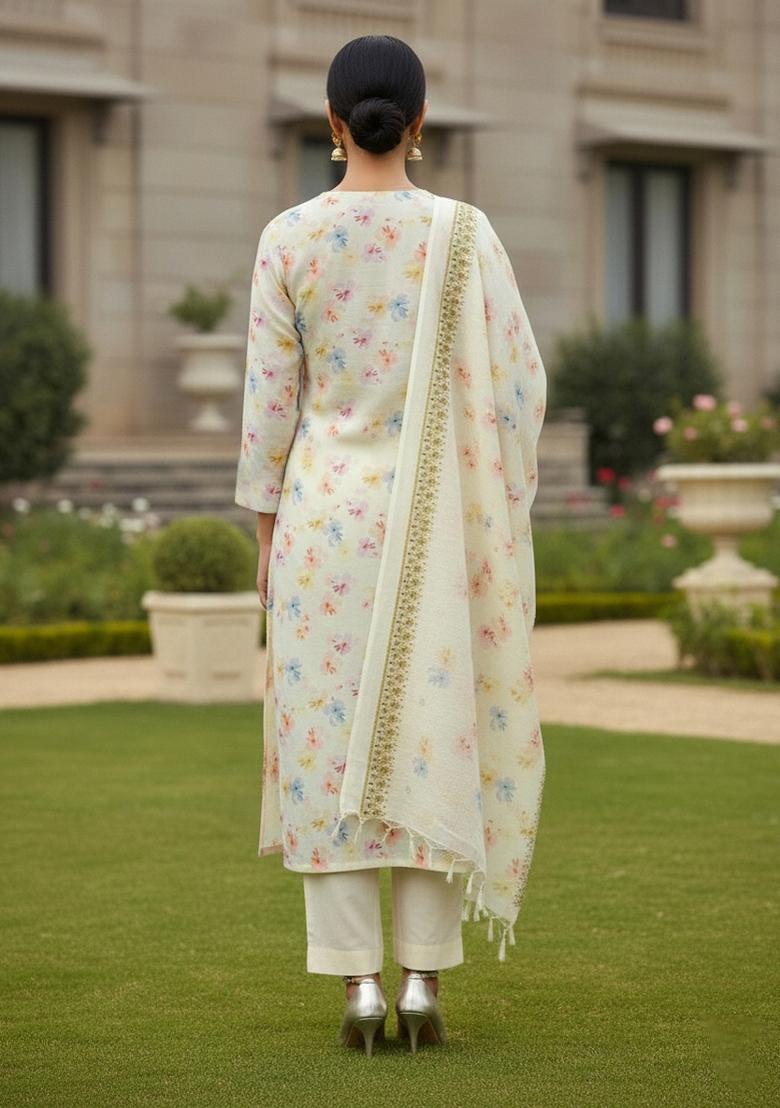 Cream Embroidered Cotton Blend Dress Material - Indya