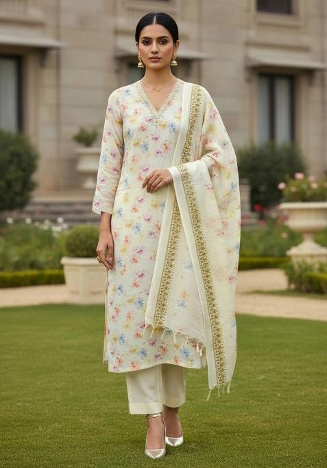 Cream Embroidered Cotton Blend Dress Material