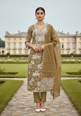 Caramel Brown Embroidered Cotton Blend Dress Material