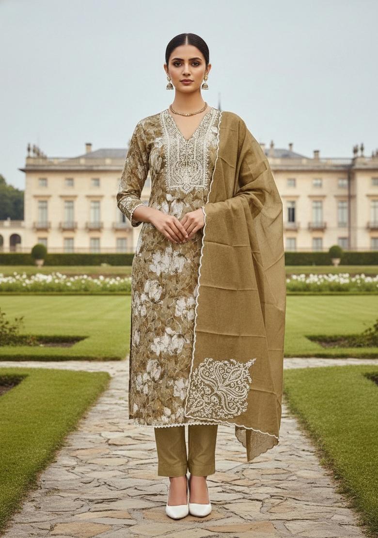 Caramel Brown Embroidered Cotton Blend Dress Material