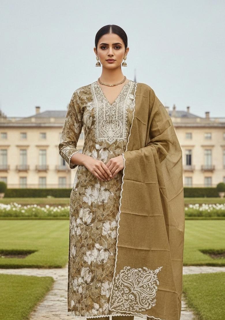 Caramel Brown Embroidered Cotton Blend Dress Material - Indya